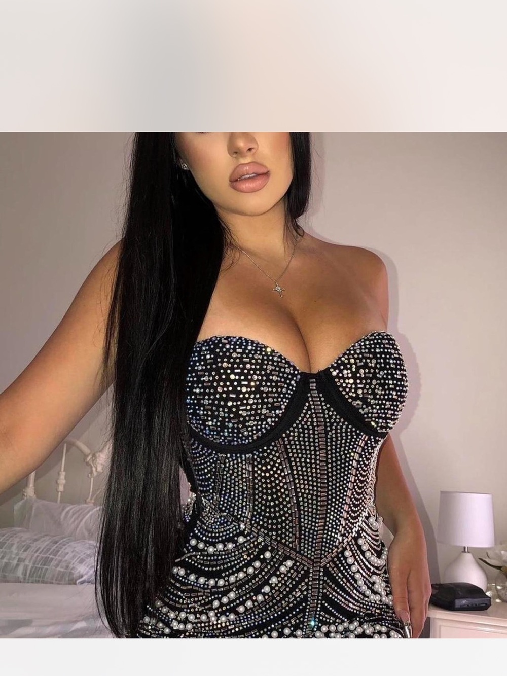 Fashion Nova Black Strapless Rhinestone & Pearl Corset Dress